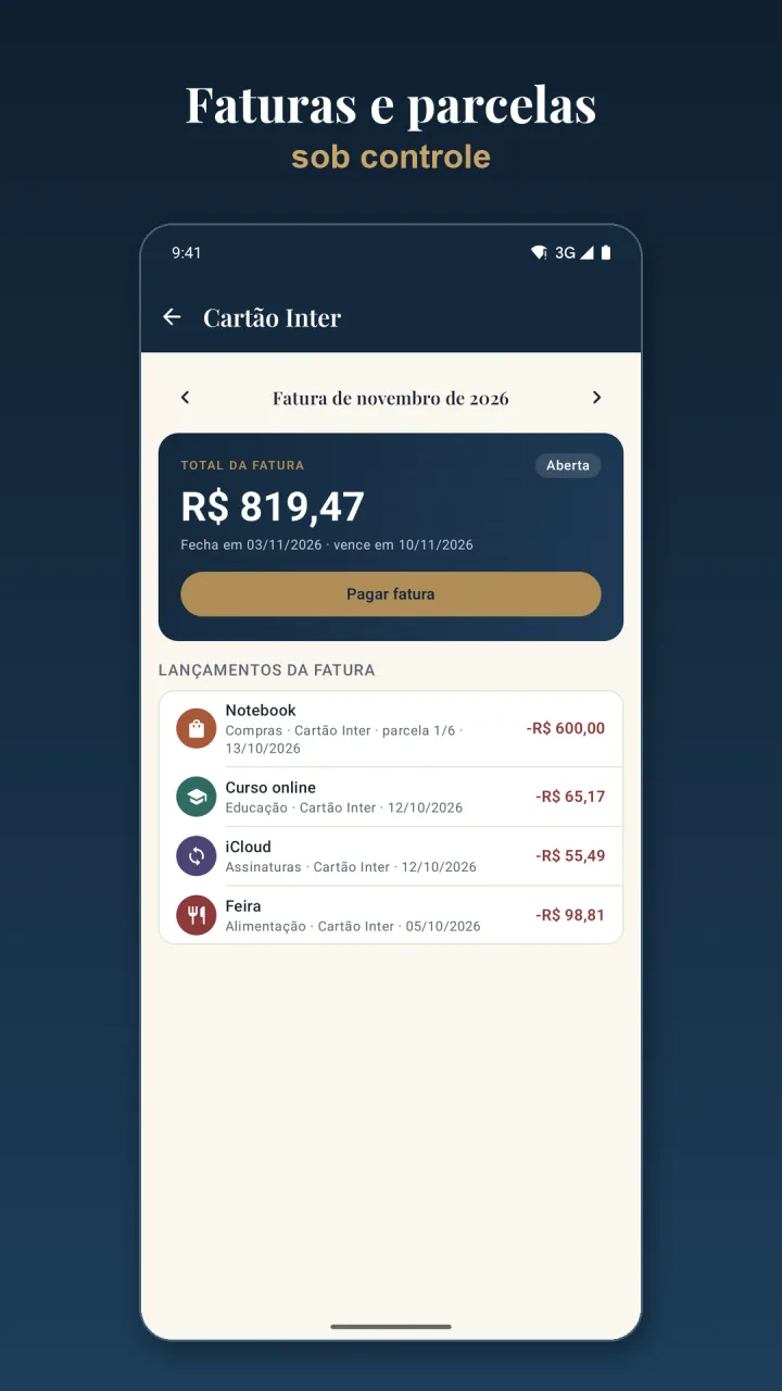 Fatura do cartão de crédito com compras parceladas