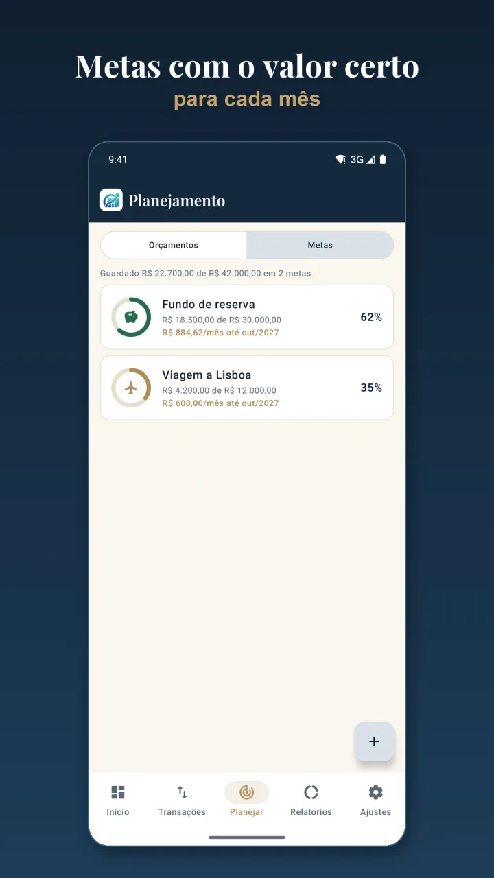 Metas com o valor a guardar por mês e o progresso
