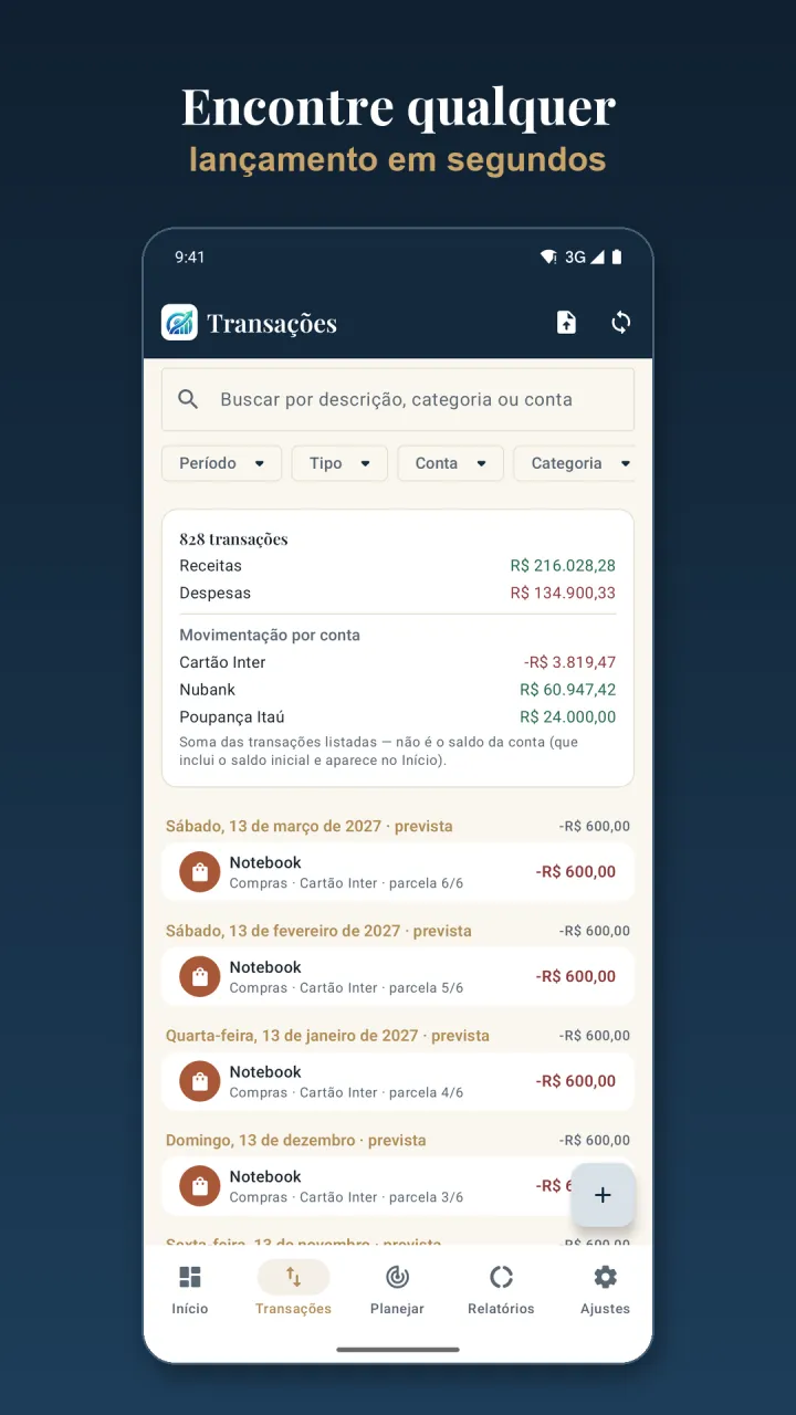Transações com busca e filtros por período, tipo, conta e categoria