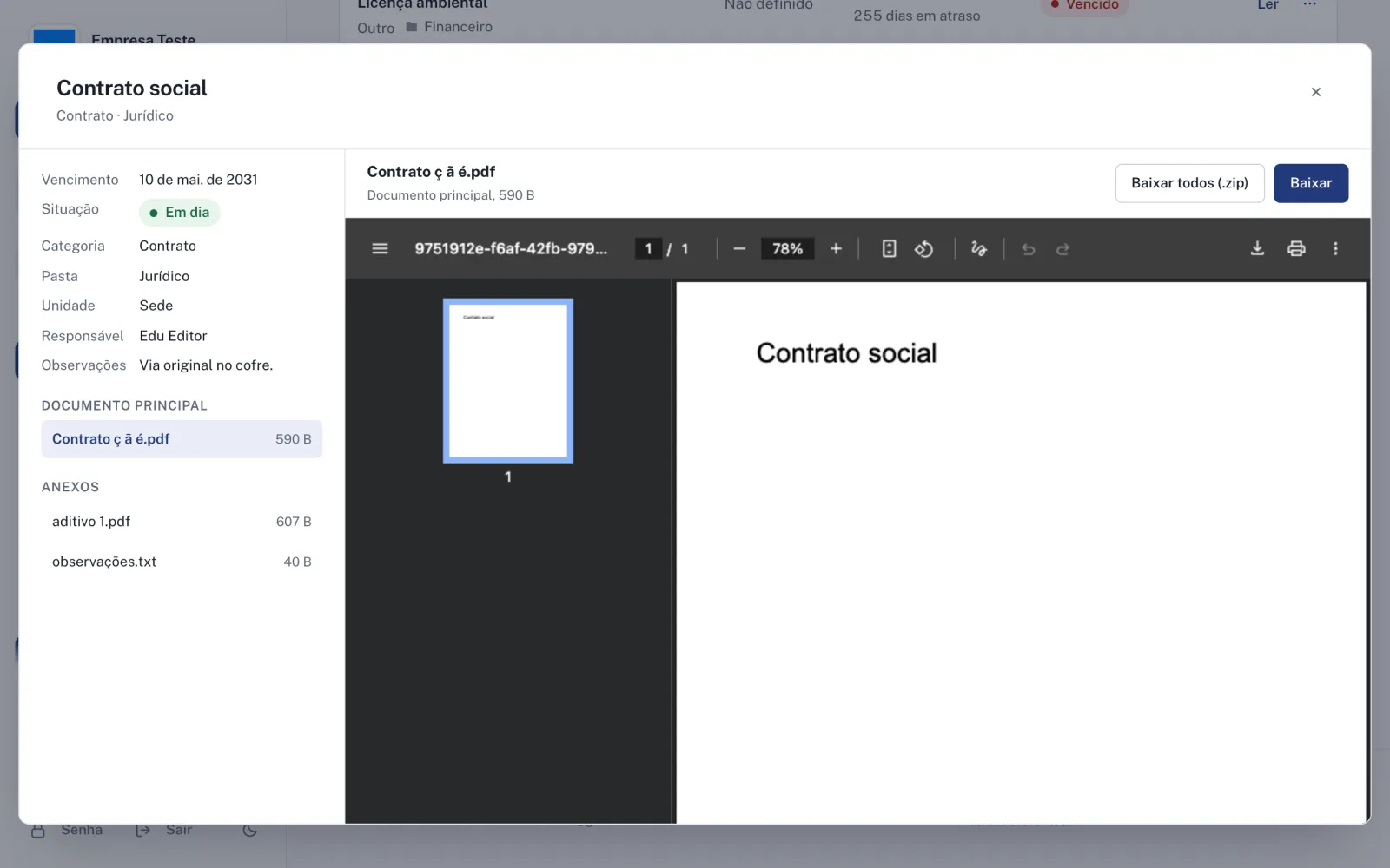 Leitor do TechDocs mostrando os dados do documento à esquerda e o PDF aberto à direita