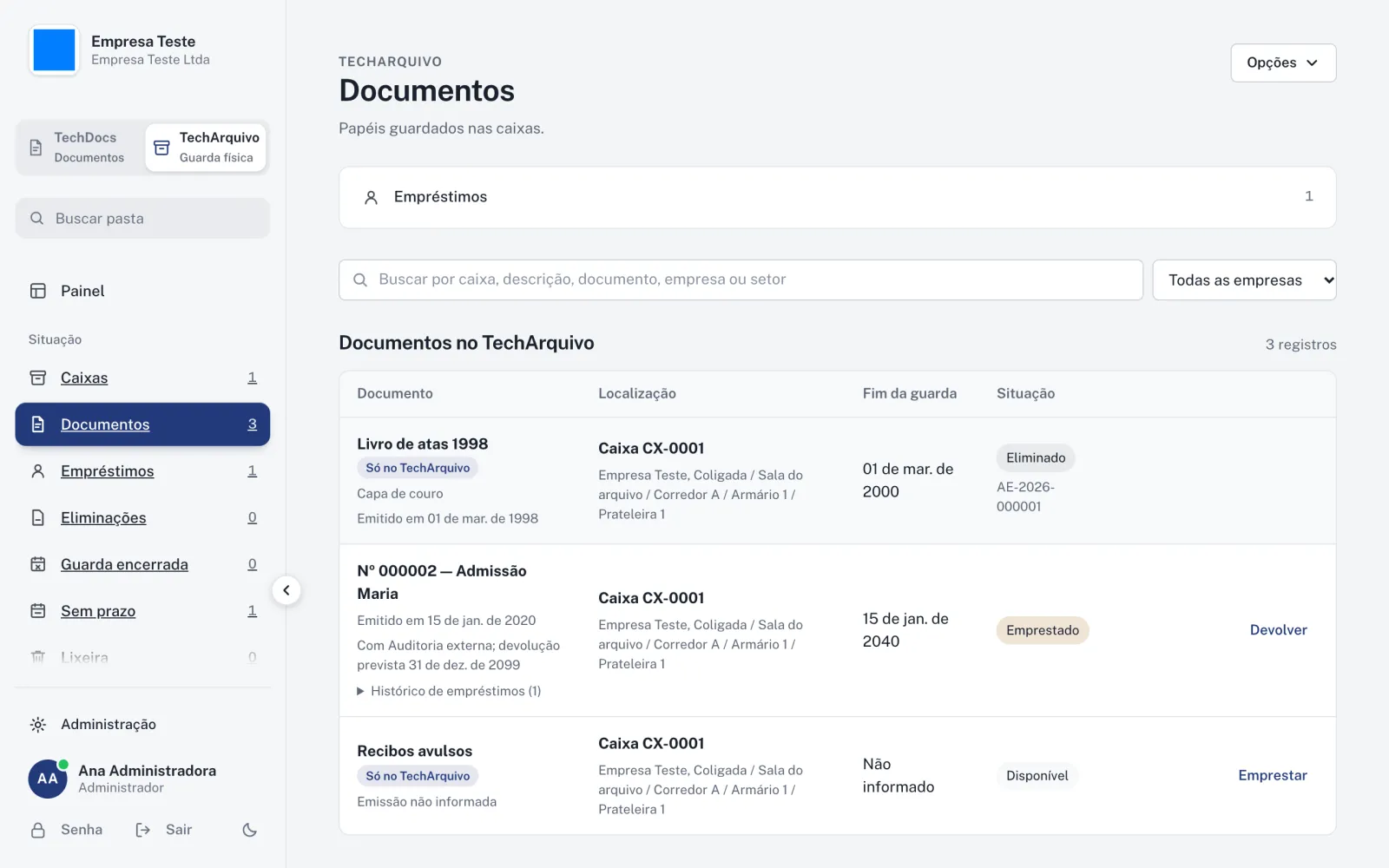 Lista de documentos do TechArquivo com caixa, localização, fim da guarda e situação de empréstimo