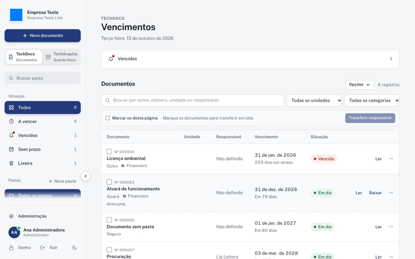 Tela de vencimentos do TechDocs com a lista de documentos, situação de cada prazo e menu de pastas