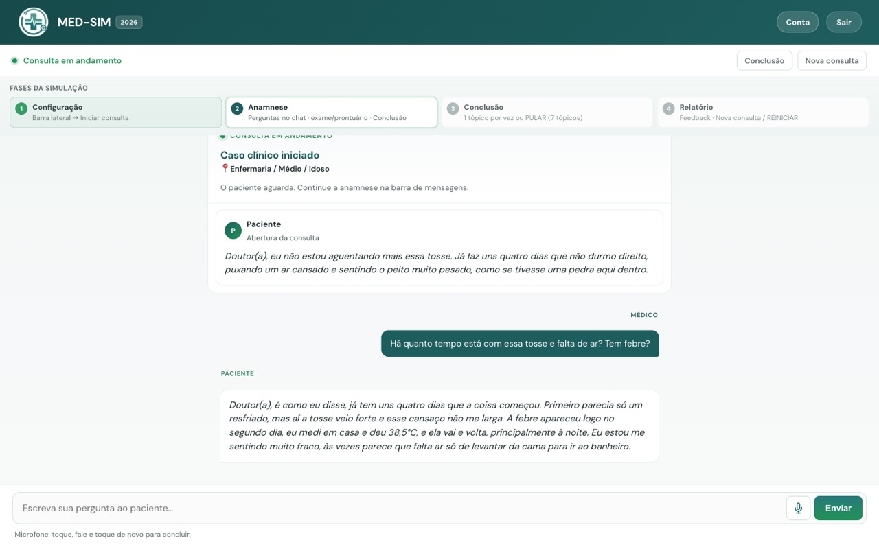 Simulação de anamnese em andamento no MED-SIM, com o paciente virtual respondendo perguntas
